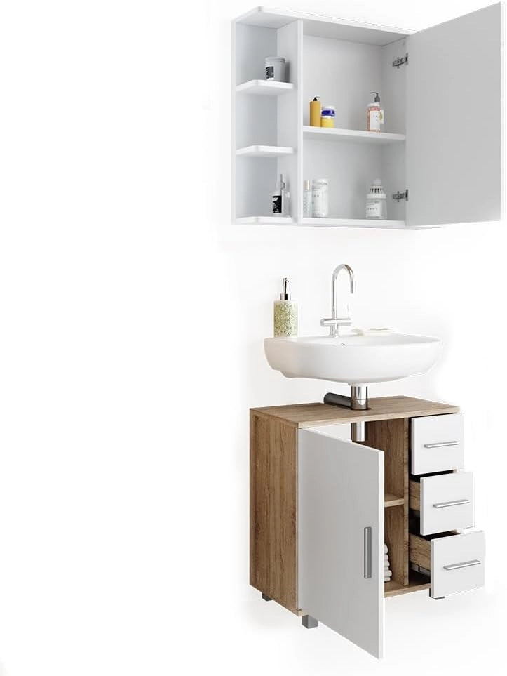 Set mobili bagno Ilias, Sonoma, 60 cm, composto da specchio da bagno e mobile sottolavabo