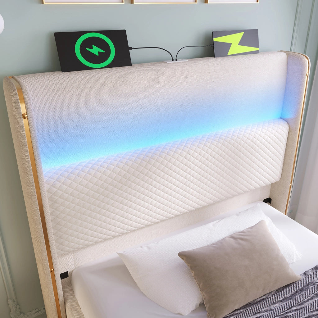 Letto matrimoniale singolo 90x200 cm con testiera alta; LED; stoccaggio e porte USB Type C; beige