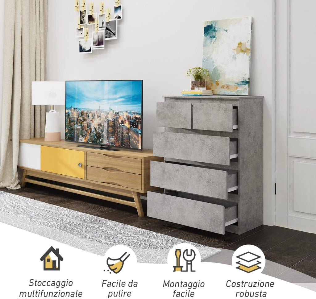 Mobili Cassettiera con 5 Cassetti, Armadietto per Camera da Letto e Bagno, Multifunzione, in Legno (Grigio)