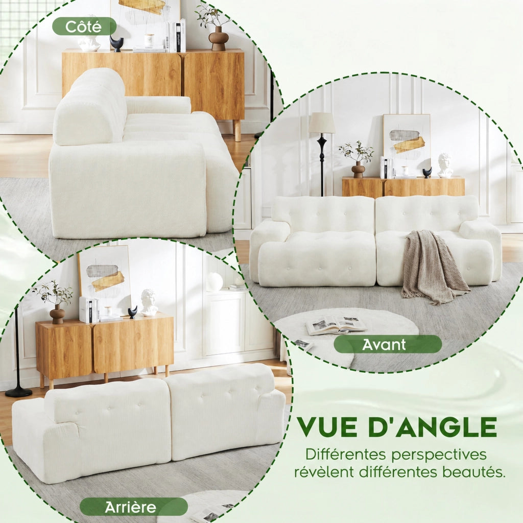 Divano 2 posti modulare con seduta profonda design curvo senza montaggio braccioli in chenille beige 224 × 104 × 66 cm
