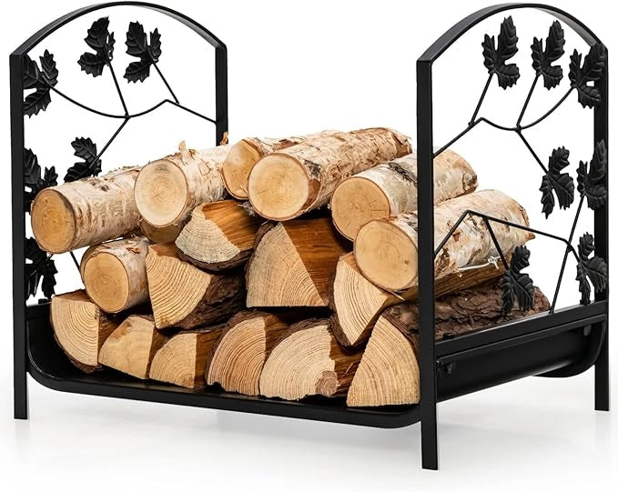 Porta Legna per Interni ed Esterni, Porta Legna per Camino d'Acciaio con Delicato Disegno a Foglia, Portalegna da Ardere per Caminetti, Stufe e Braciere, Portata 50 kg (48 x 34 x 41 cm)