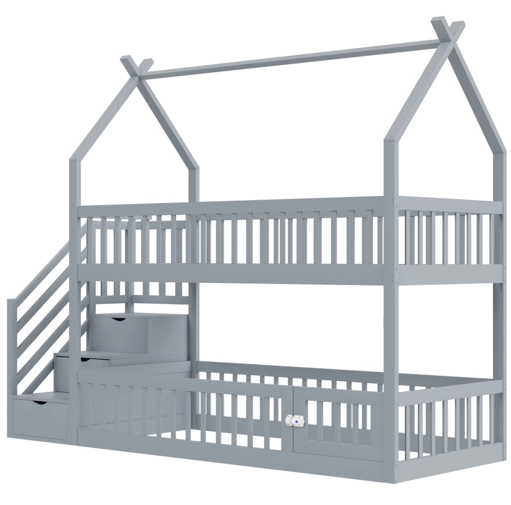 Letto a castello 90x200 cm con tetto; scala con cassetti e porticina in legno grigio