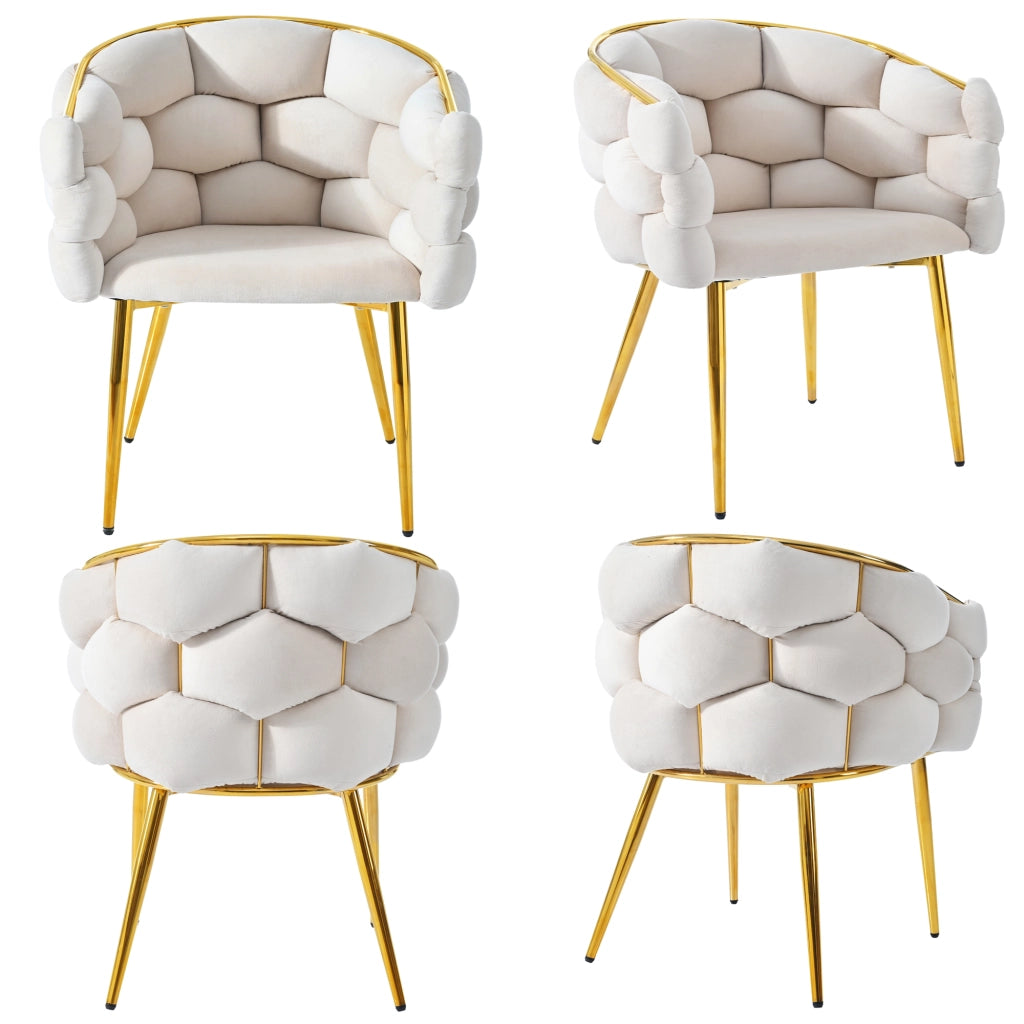 Tavolo da pranzo con 4 sedie imbottite in velluto e gambe in metallo dorato piano in MDF effetto marmo bianco e beige