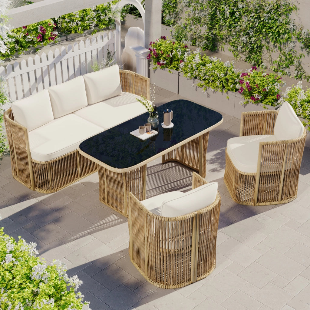 Set di mobili da giardino in rattan in PE a 5 pezzi con divano a 3 posti 2 poltrone e tavolo di vetro ¨C Set soggiorno esterno con cuscini in poliestere struttura in acciaio e piano in vetro temperato per patio e balcone