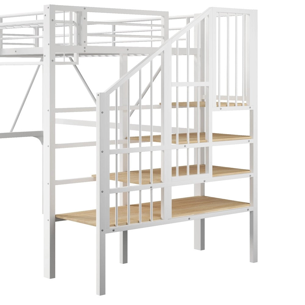 Letto a Soppalco con LED ¨C MINIMAL ¨C Bianco, Metallo, 90x200, con Rete, Contenitore