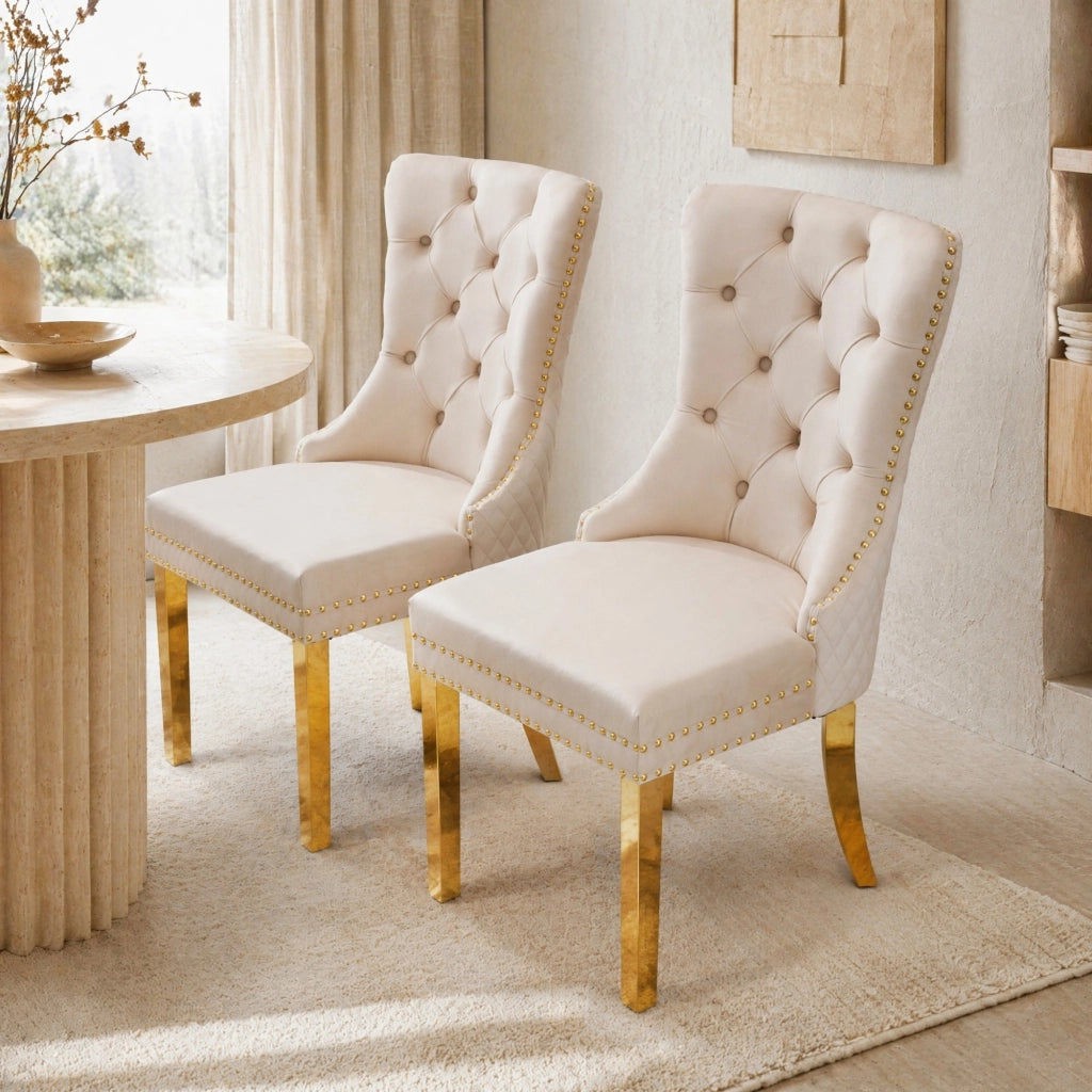 Sedia da pranzo Set da 2 con Anello decorativo, Borchie e Piedini Regolabili in Velluto Beige