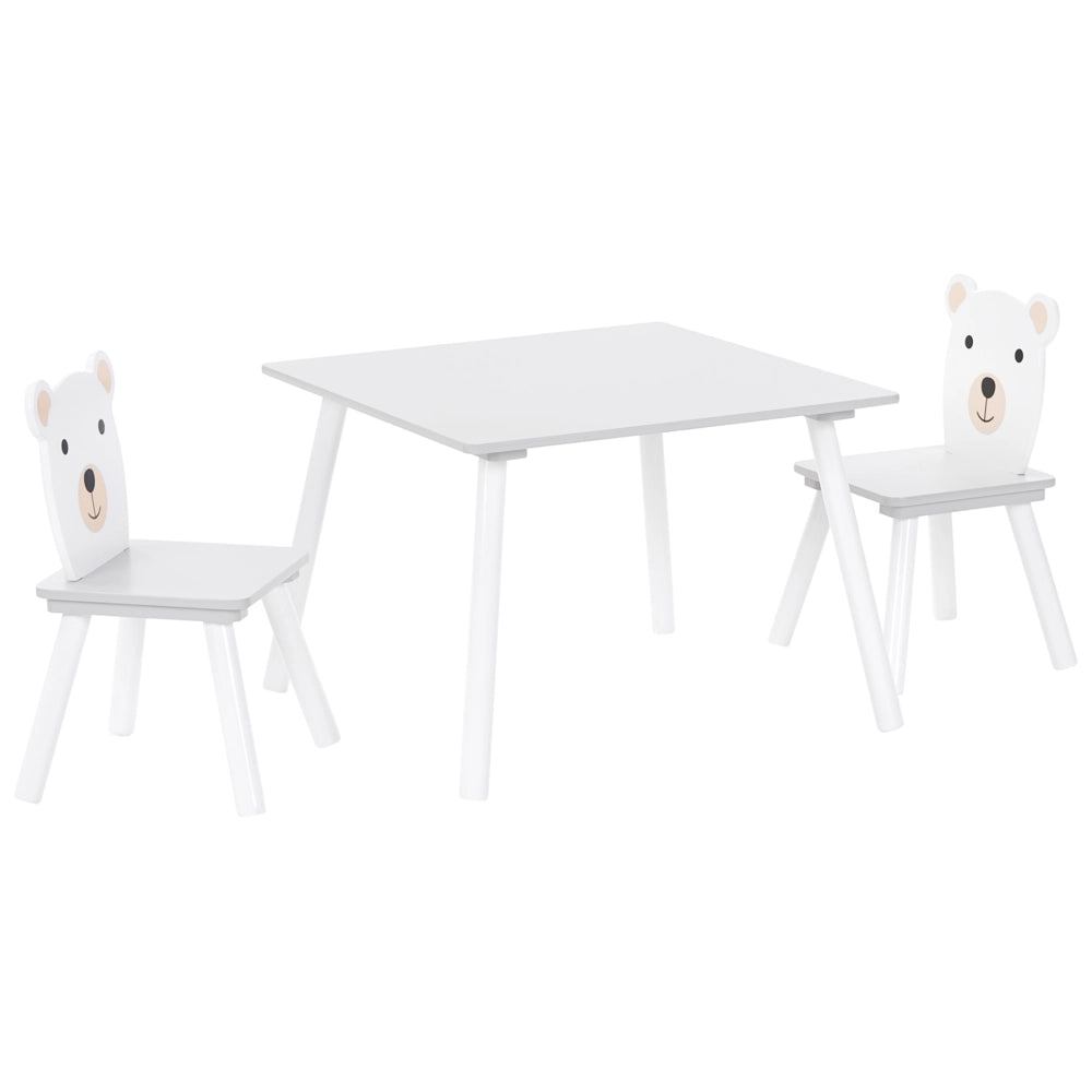 Set Tavolo con Sedie per Bambini 2 Posti in Stile Scandinavo a Tema Animale Bianco in MDF e Gambe in Legno di Pino