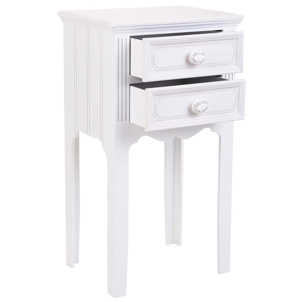Comodino in legno con 2 cassetti bianchi 38x28x69.