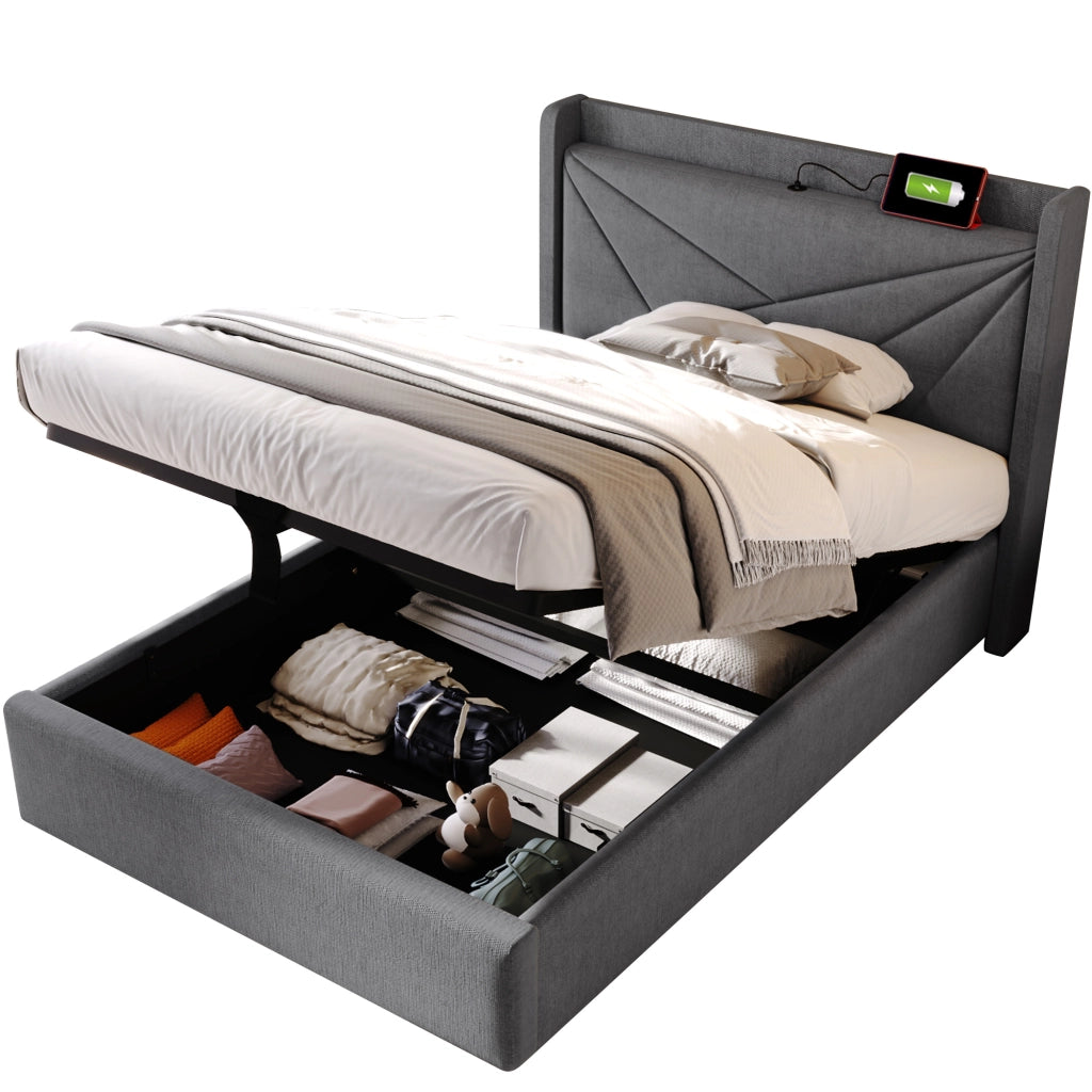 OKWISH Letto Contenitore 90×200 cm, Letto Singolo con Porte USB, Tipo C e Testiera, senza Materasso, in Cotone Lino Grigio