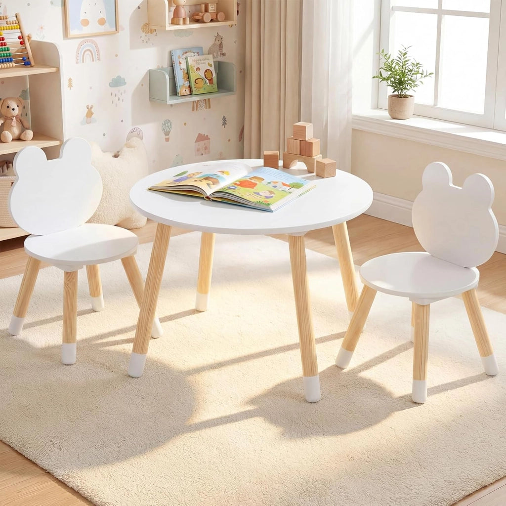 Set Tavolo e Sedie per Bambini, Tavolino e 2 Sedie a Forma di Rana con Gambe in Legno e Angoli Arrotondati, Set Mobili Salvaspazio per Bambini 3+ Anni per Cameretta Ragazzi (Bianco)