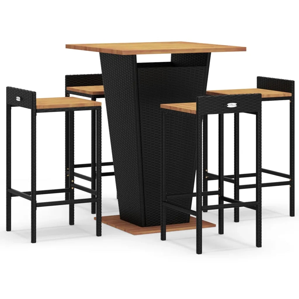 Set Bar Giardino 5 pz Nero Polyrattan e Legno Massello Acacia 3187724