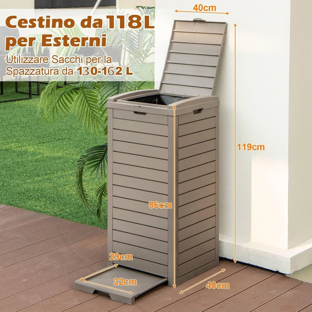 Pattumiera Differenziata da Esterno, Bidone Spazzatura Impermeabile con 1/2 Scomparti, Coperchio a Doppia Chiusura e Vassoio Estraibile e Maniglia (1, Marrone, 118 L)