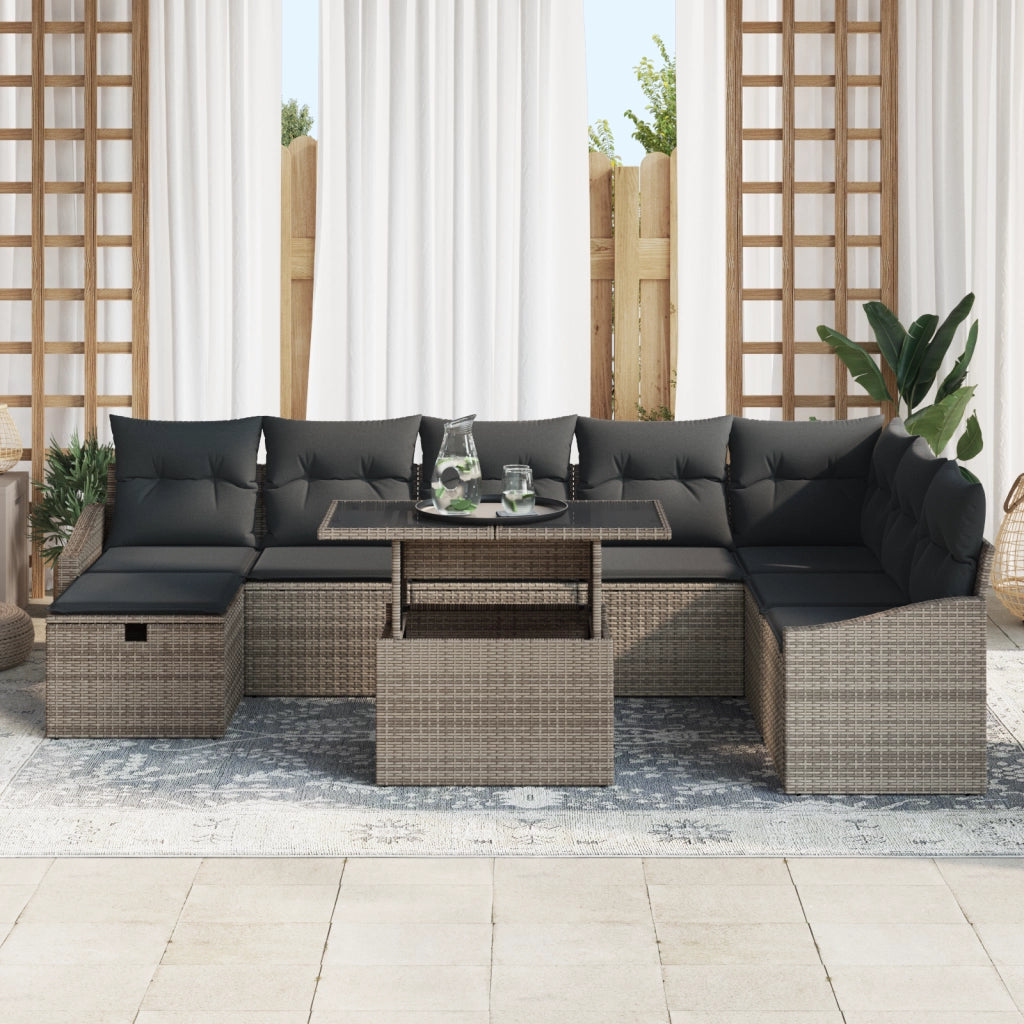 Set Divano da Giardino da 9 Pezzi con Cuscini Grigio Rattan Sintetico