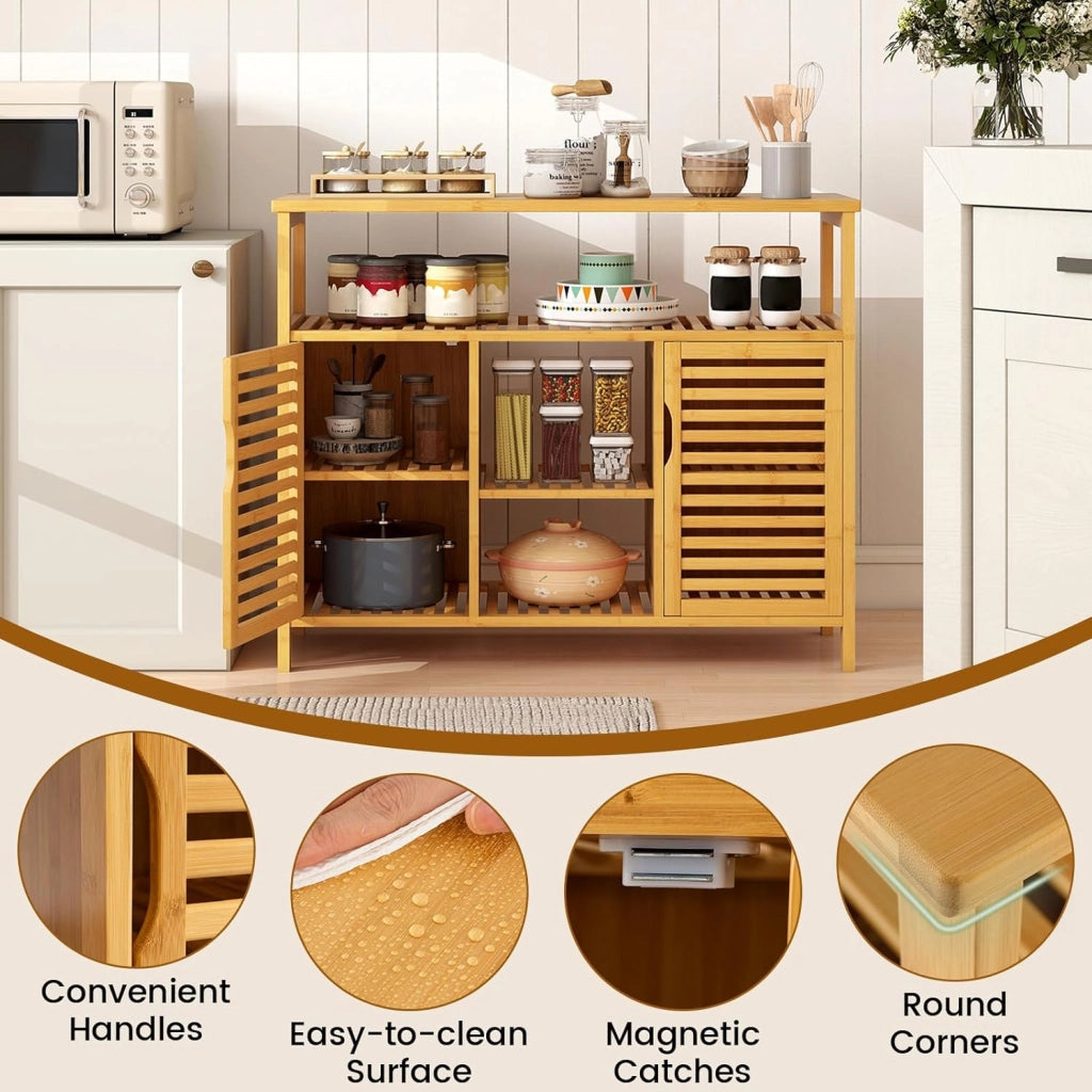 Credenza Cucina in Bambù, Mobile da Bagno con Ripiani Aperti e 2 Porte, Armadio a Buffet a Doghe per Soggiorno, Sala da Pranzo, 100 x 35 x 80 cm, Naturale
