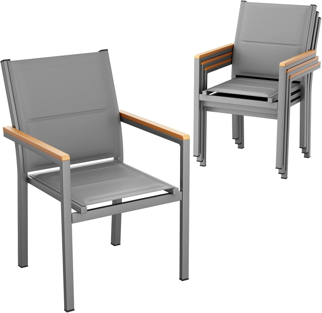 Set di 4 sedie da giardino, in alluminio, con schienale e seduta trapuntati, impilabili, per sala da pranzo, in WPC, per terrazza, balcone, terrazza, piscina, ristoranti, grigio, 4 pezzi
