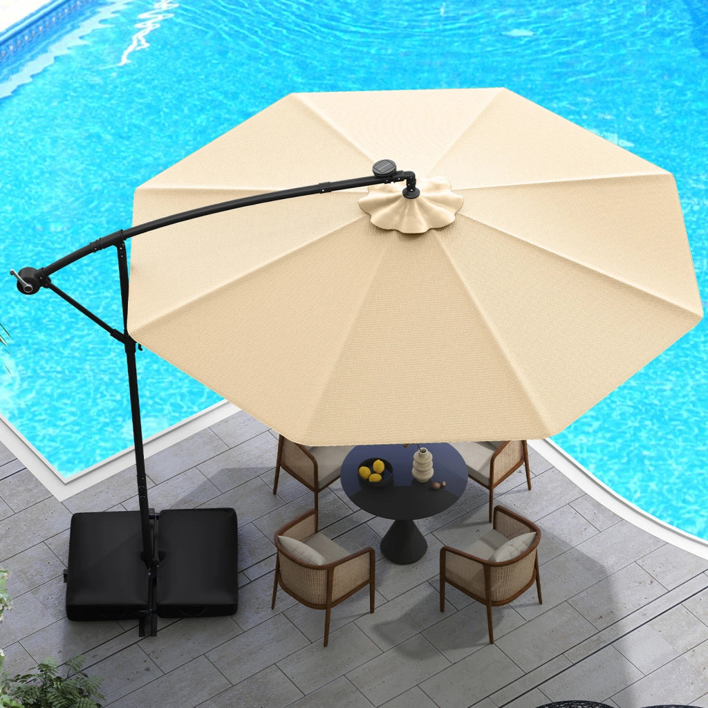 Ombrellone da 300 cm con supporto e luci LED, ombrellone a braccio con manovella, ombrellone da giardino, protezione UV, ombrellone da mercato, ombrellone da patio per giardino, piscina, terrazzo, beige