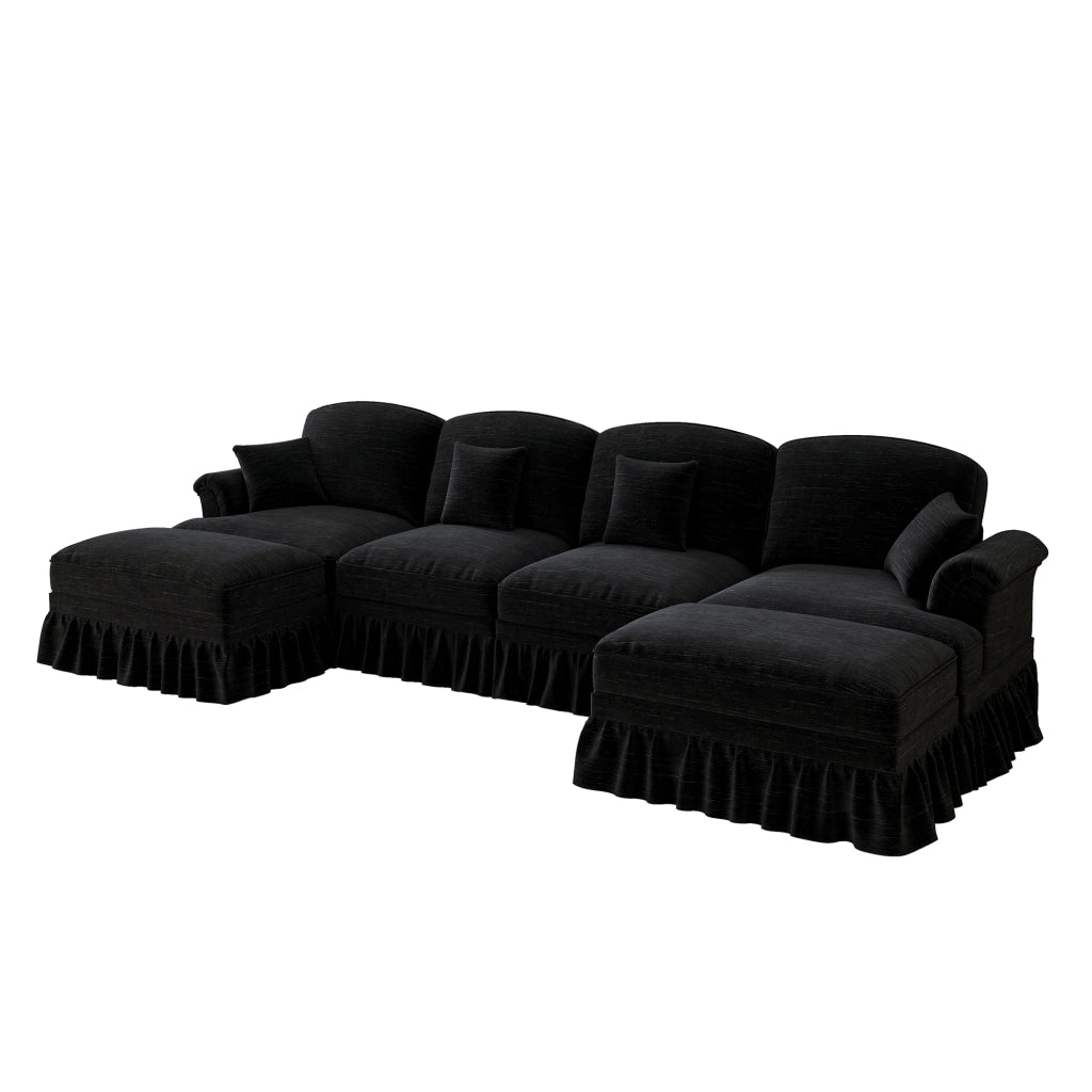 Divano Modulare U 4 Posti in Chenille con Poggiapiedi ¨C Xylo ¨C Nero, Braccioli, Gambe