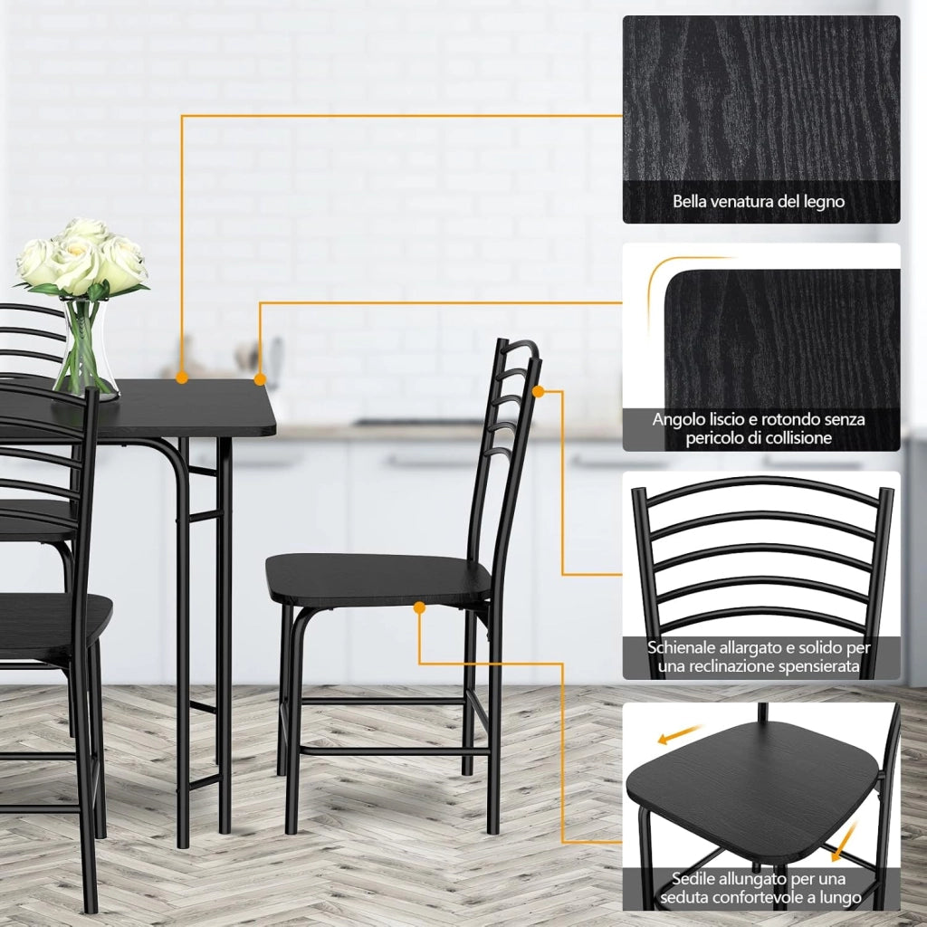 Set da Pranzo con 1 Tavolo e 4 Sedie, Set di Tavolo da Pranzo Salvaspazio di 5 Pezzi, Set Mobili per Cucina, Sala da Pranzo, in Metallo e MDF, Moderno, Nero
