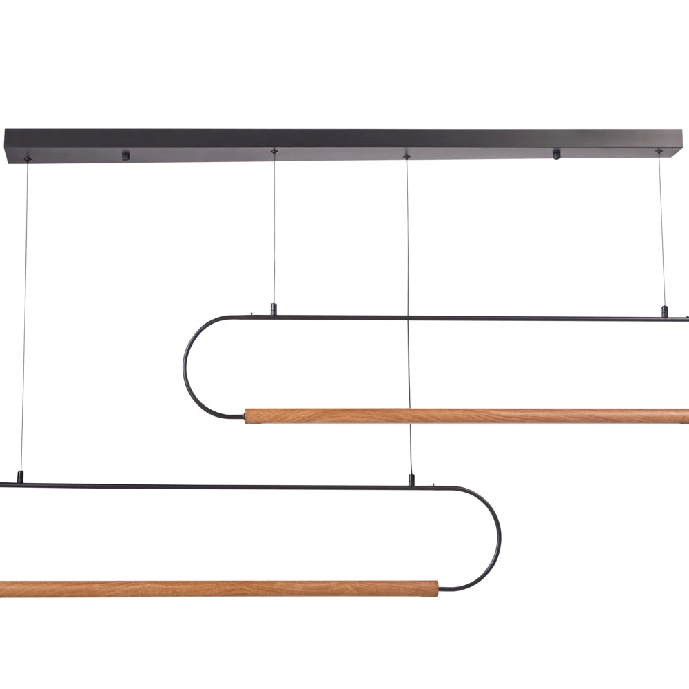 Lampadario a 2 luci LED integrate design paralumi metallo verniciato nero e legno chiaro stile moderno