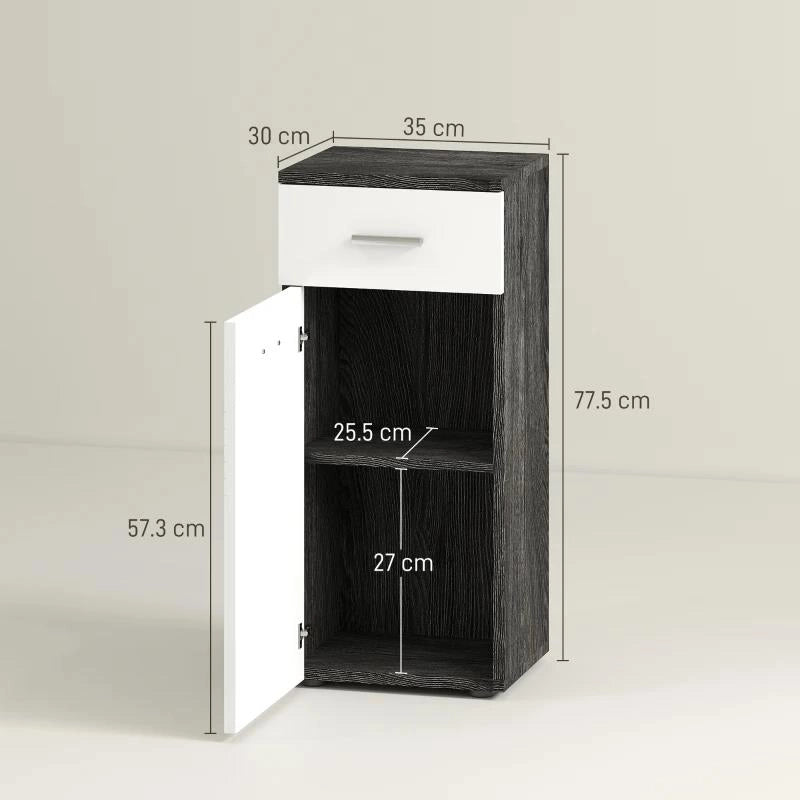 MOBILE BAGNO CON CASSETTO E ARMADIETTO IN LEGNO, 35X30X77.5CM, BIANCO E NERO