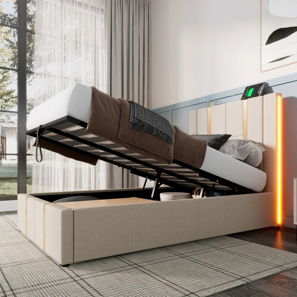 LETTO Contenitore 90x200 cm Beige in lino con LED e ricarica USB Type C