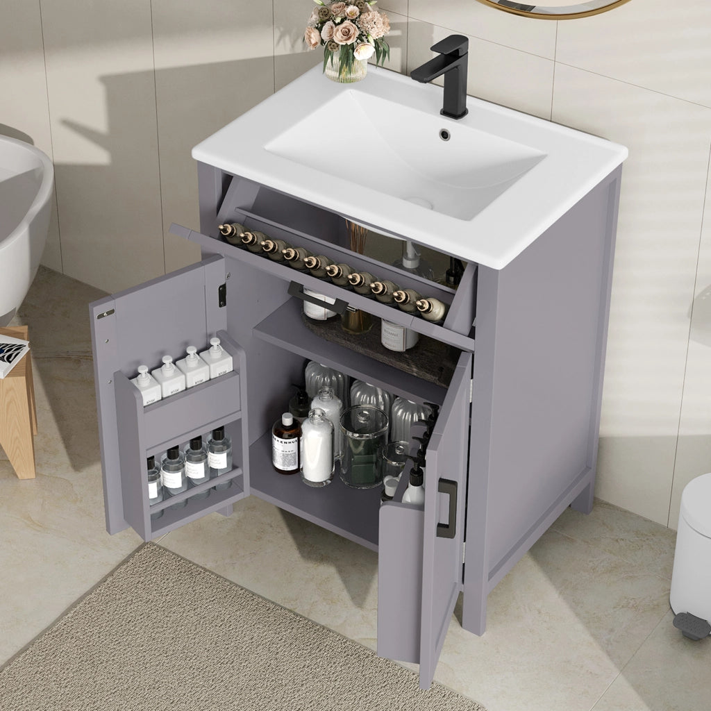 Mobile sottolavabo con lavabo in ceramica, 2 ante, 1 cassetto e ripiano regolabile, per bagno, grigio, 60 × 46 × 84,8 cm