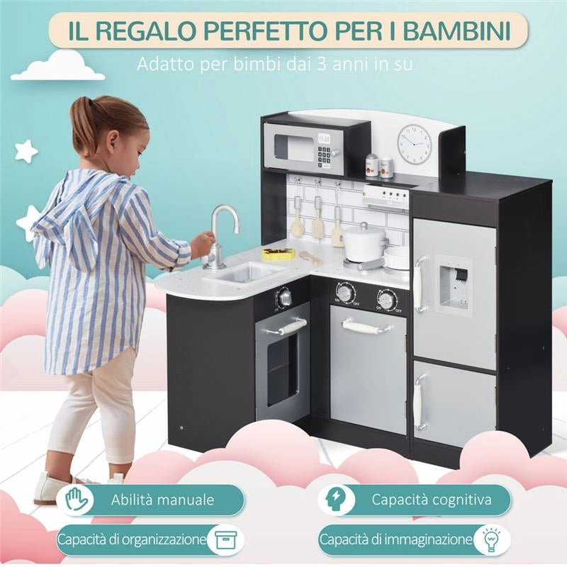 CUCINA GIOCATTOLO PER BAMBINI IN LEGNO CON 14 ACCESSORI ETÀ 3+ ANNI