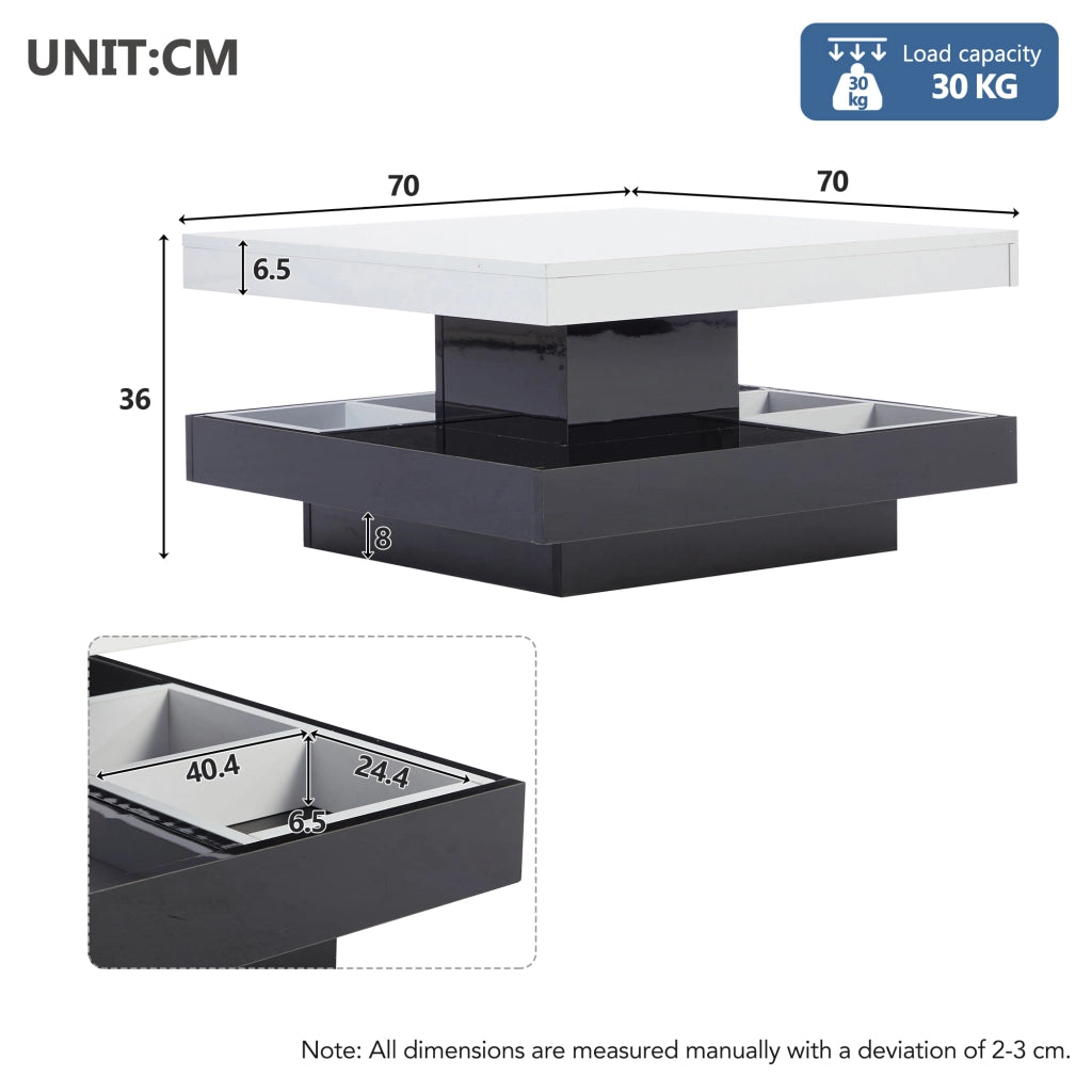 TAVOLINO da caffè girevole 70x70x36 cm bianco e nero in pannello truciolare