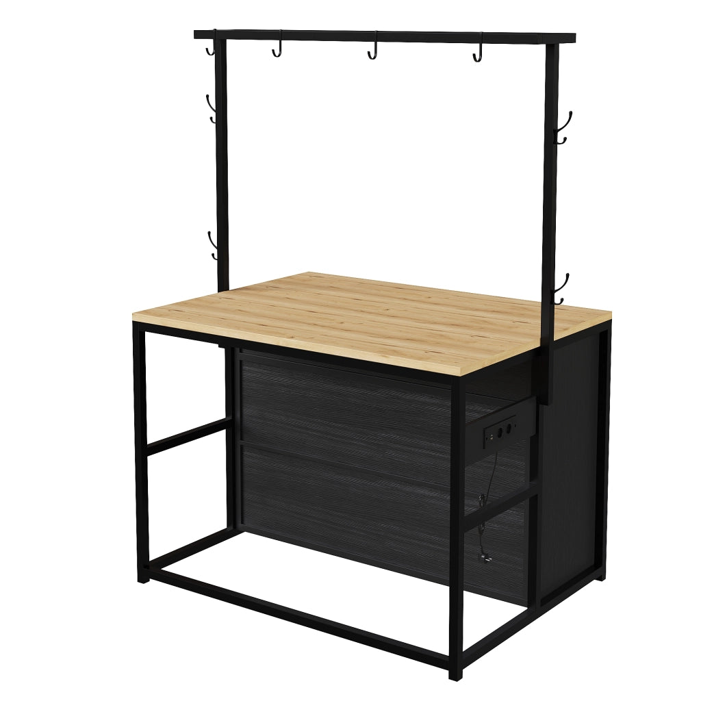 Mobile da cucina, tavolo da bar, con prese di corrente, ganci, finitura effetto legno, nero e color legno naturale