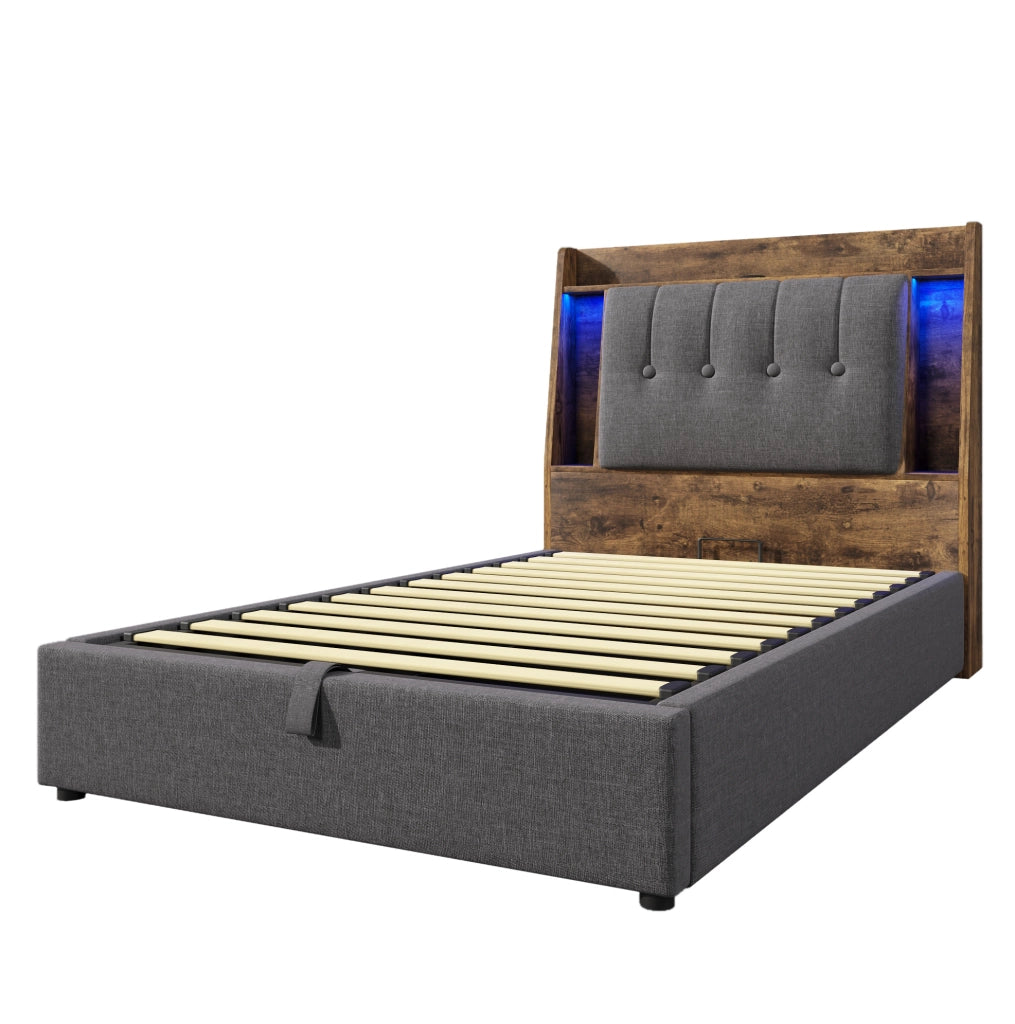Letto imbottito 90x200 cm con contenitore; USB e Tipo C; LED; lino grigio
