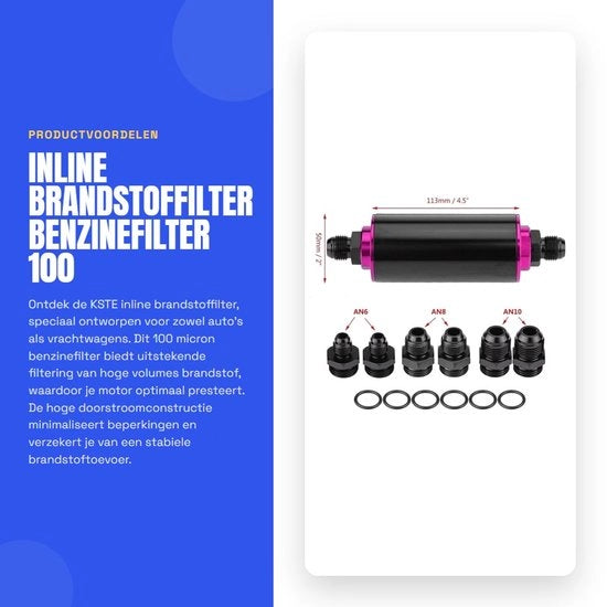 Filtro benzina 100 micron - Filtro carburante inline - Alta portata - Inox - Alluminio T6061 - Corrosione resistente