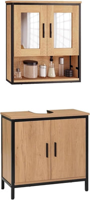 Set di Mobili da Bagno Salvaspazio, Armadietto da Bagno con Specchio, Mobiletto Copricolonna con Ripiano, Rovere Chiaro+Nero
