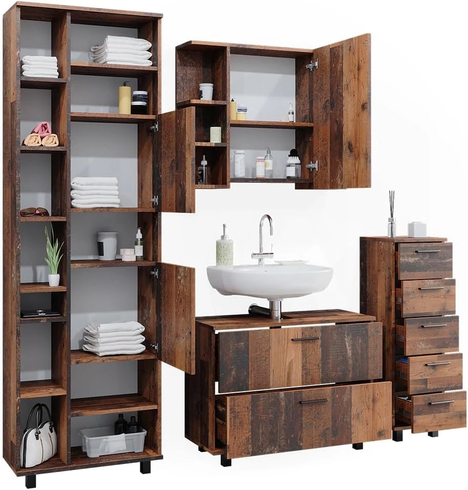Set di mobili da bagno Ilias, Rovere rustico, 80.2 cm, composto da mobile lavabo, pensile a specchio, colonna e base media