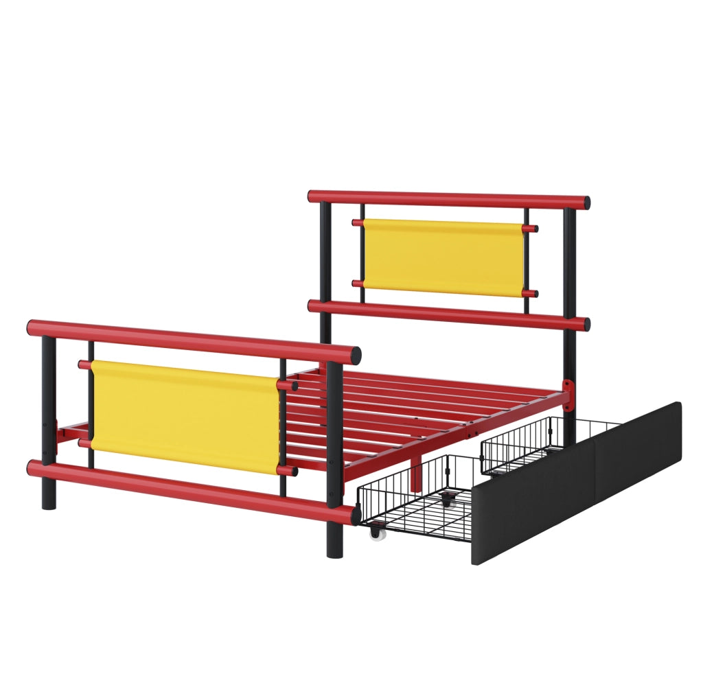 Letto singolo per bambini in metallo rosso 90x200 cm con cassetti