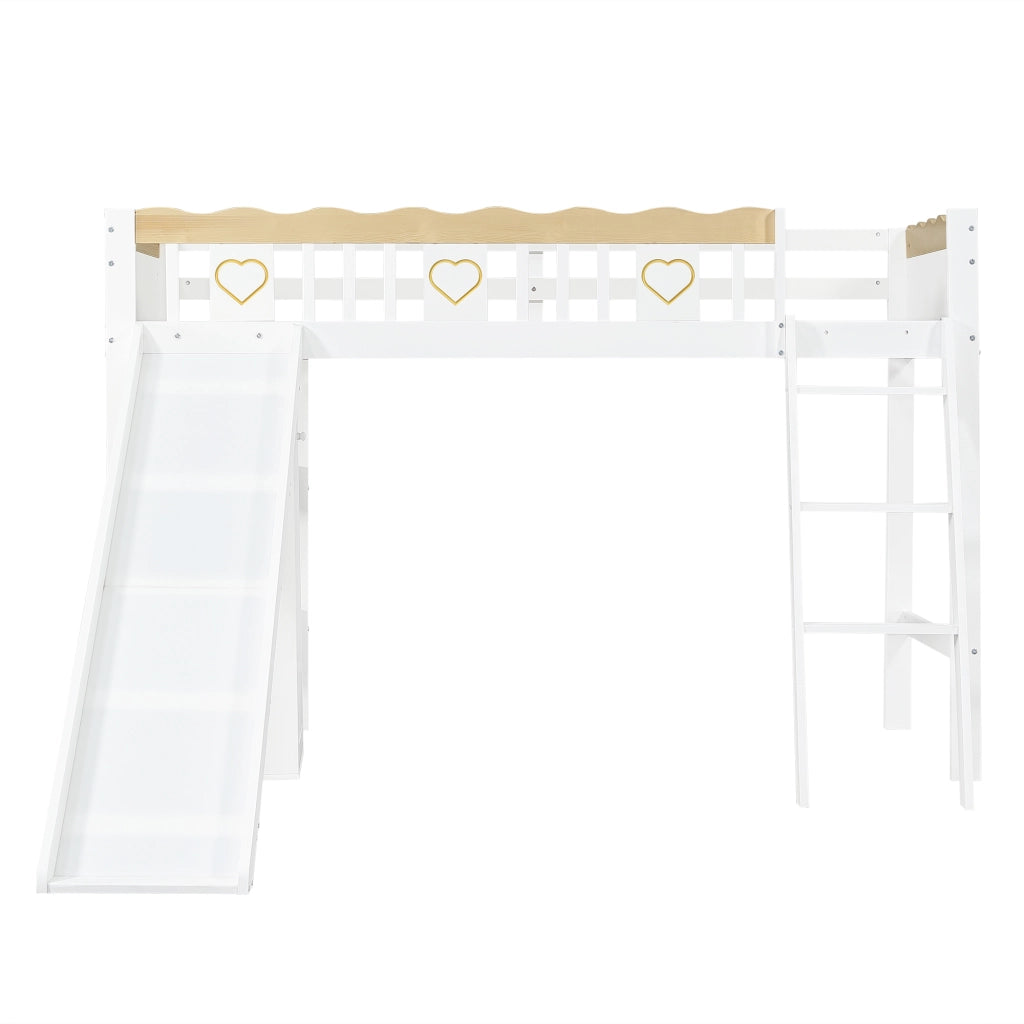 OKWISH Letto a Soppalco 90×200 cm, Letto Singolo con Scivolo, Armadio, Mobile Contenitore e Scala, senza Materasso, Bianco e Naturale