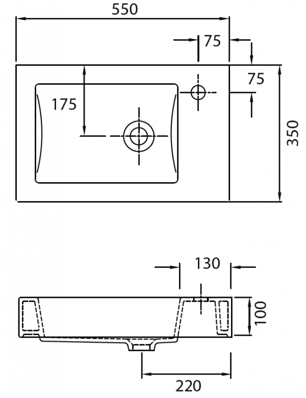 Lavabo rettangolare sospeso MINOS 55x35x10 cm