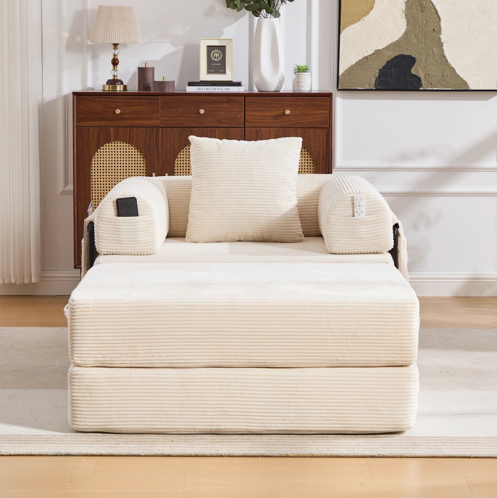 Pouf poggiapiedi in corduroy beige trasformabile in letto singolo; 109x95x43 cm