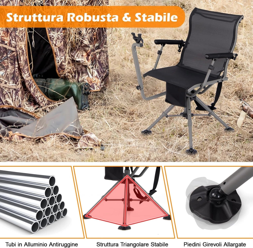 Sedia da Caccia, Sedia da Cecchino Pieghevole con Gambe e Supporto per Fucile Regolabili, Girevole Silenziosa a 360°, Schienale Ergonomico, Sedia da Terra Portatile, Portata 150 kg