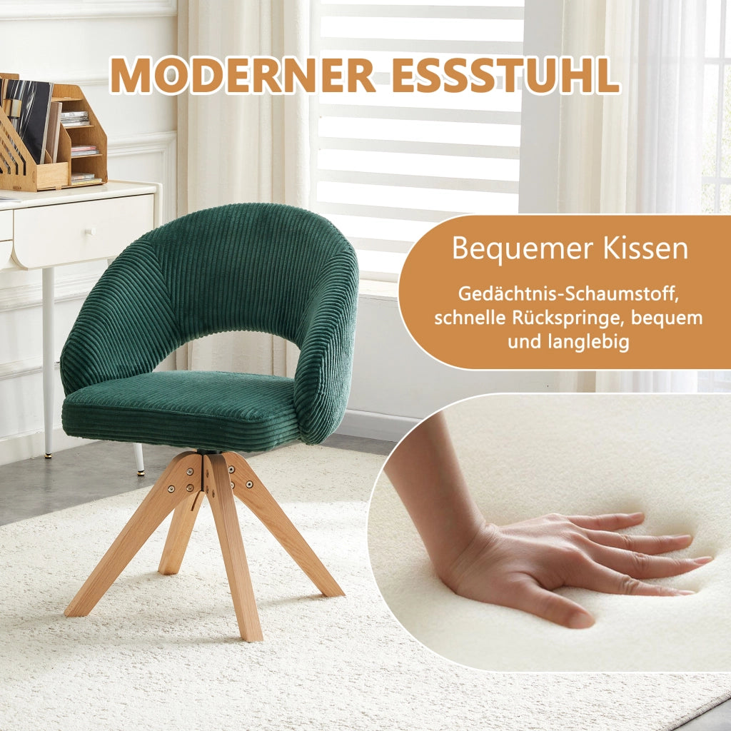 Sedia da pranzo set da 2 girevole a 360° con schienale avvolgente e gambe in legno, velluto verde scuro