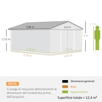 Casetta da Giardino con Porte Scorrevoli e Tetto Inclinato, in Acciaio, 340x386x200 cm, Grigio