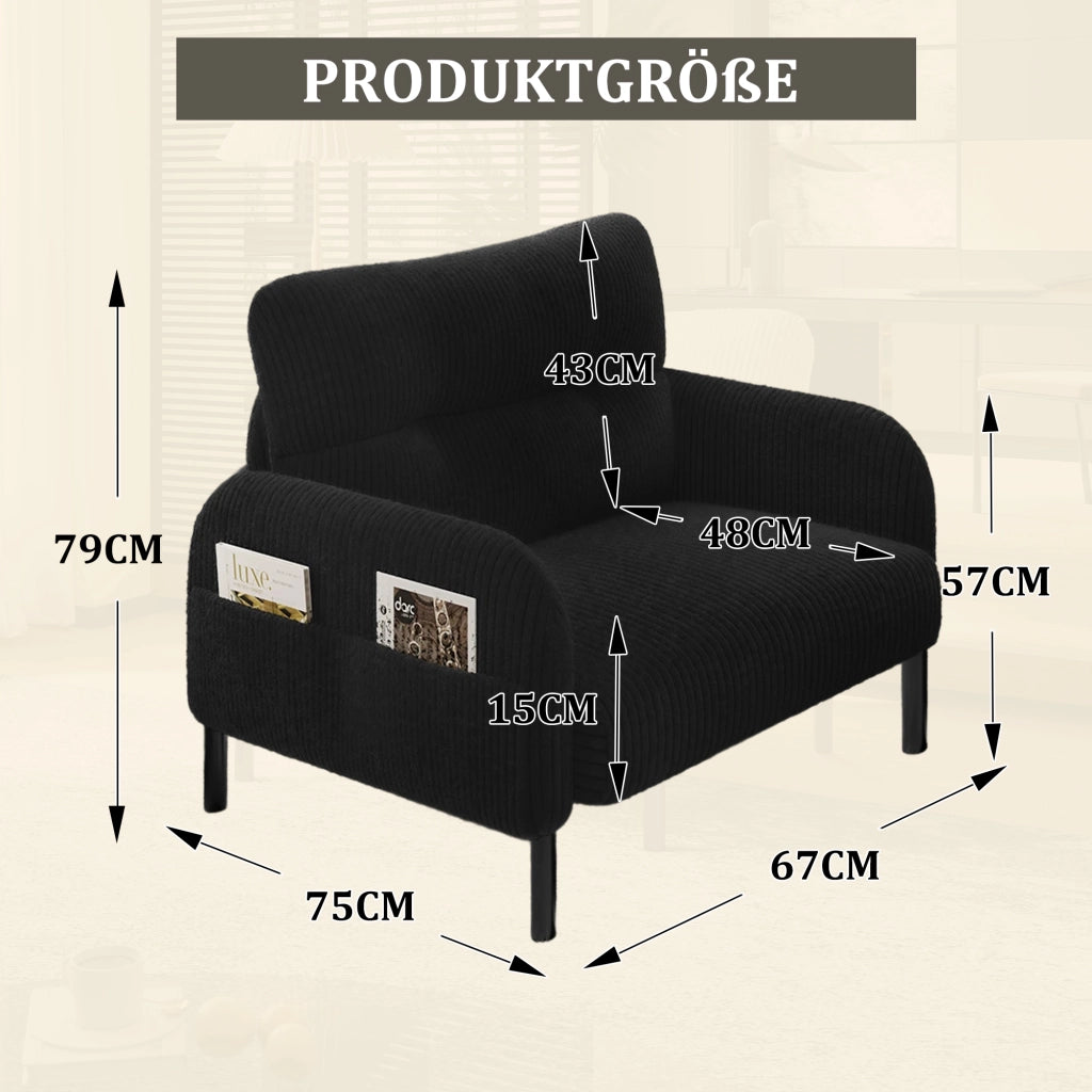 POLTRONA Singola 67x75x79 cm in corduroy nero