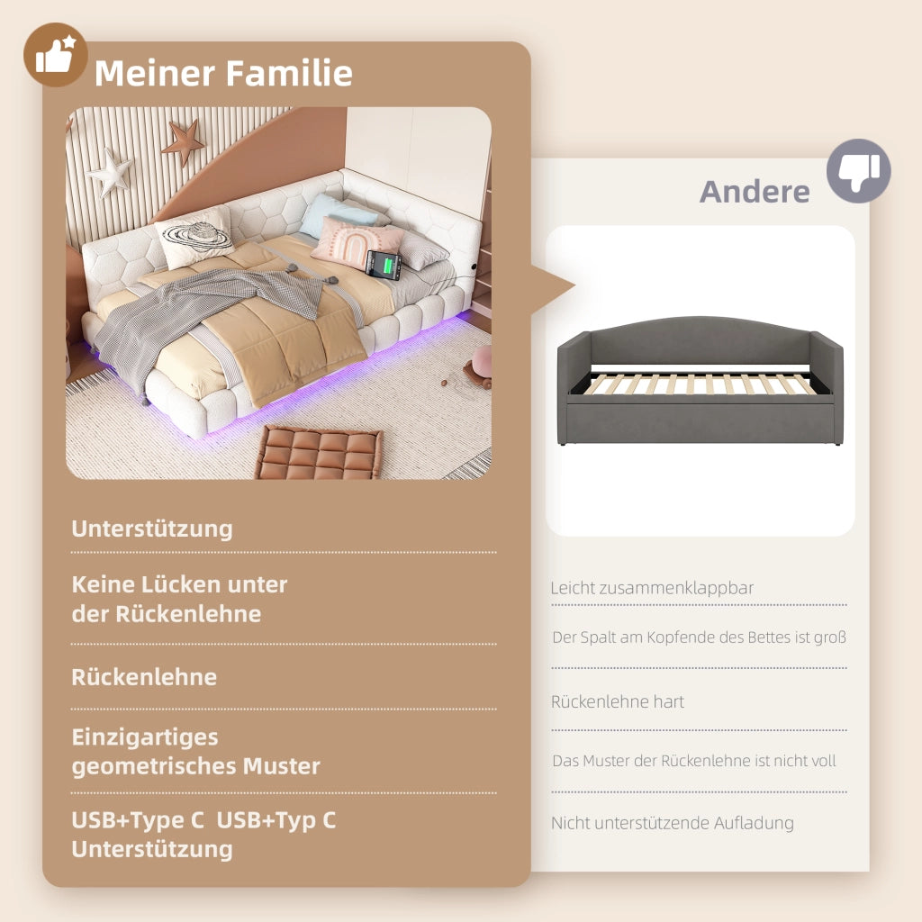 Letto singolo 90×200 cm con LED regolabile; USB e Type-C; senza materasso; MDF e velluto; bianco