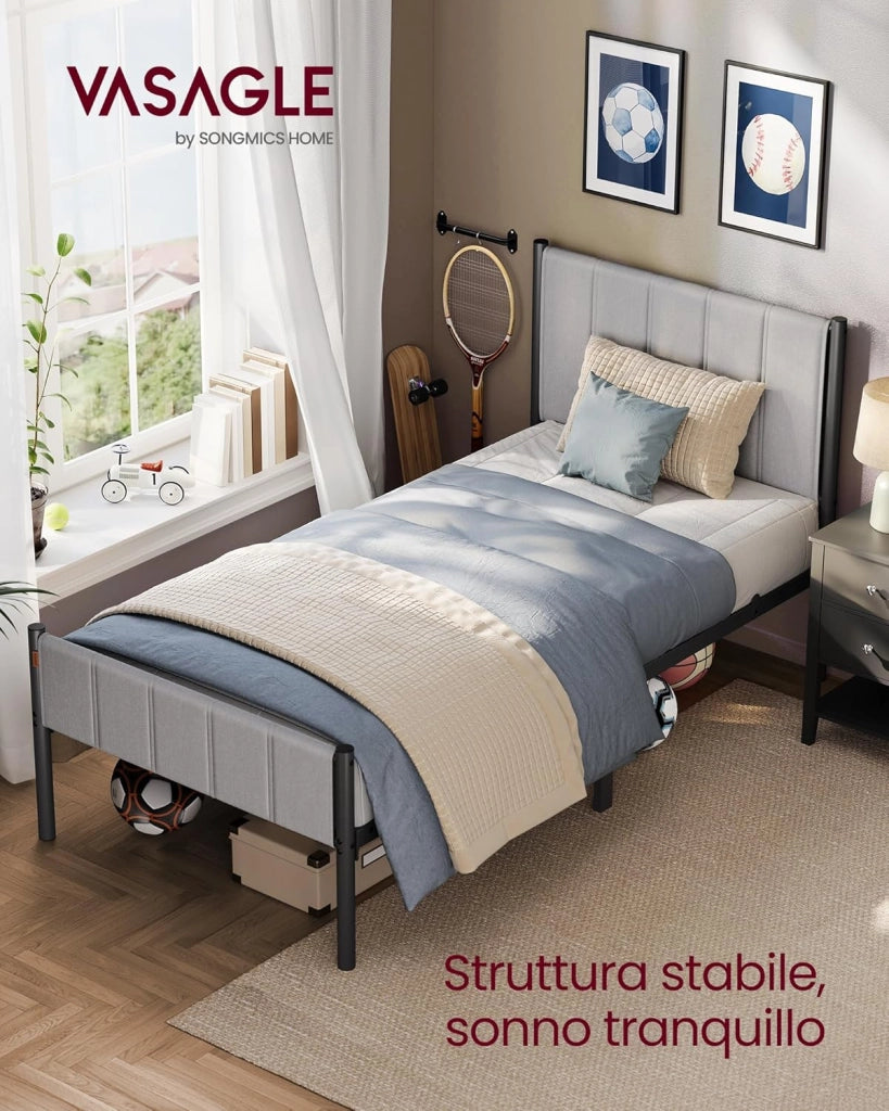 VASAGLE Struttura Letto Singolo, 90 x 200 cm, con Testiera Imbottita, Telaio del Letto, Doghe in Acciaio, Regge fino a 250 kg, Montaggio Facile, Grigio Tortora RMB972G01