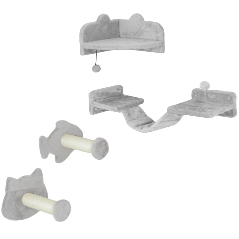 Set parete per gatti a 4 pezzi con piattaforme e scaletta, grigio chiaro