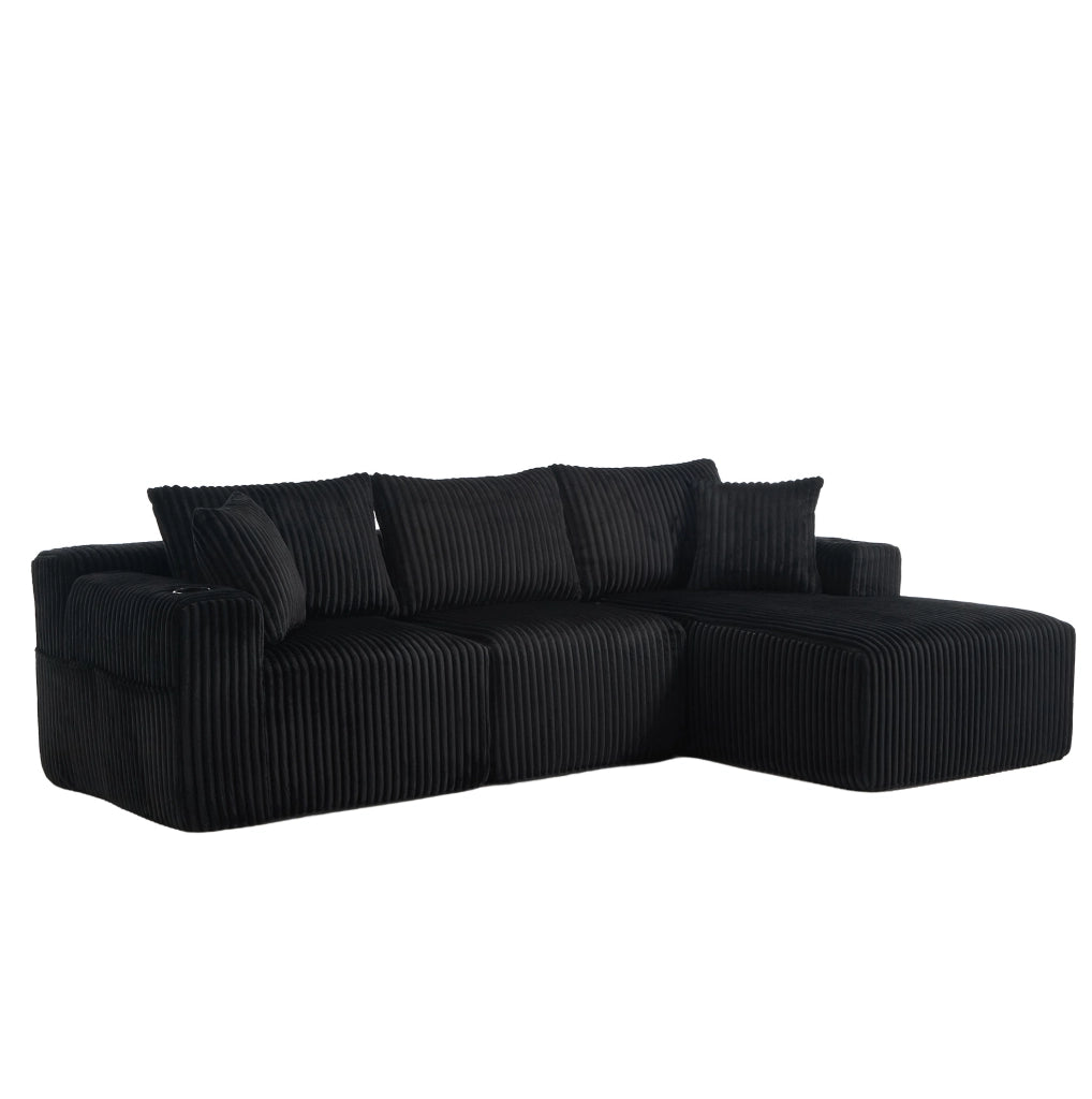Divano modulare con chaise longue e 2 posti in corduroy nero; 257x160x62 cm