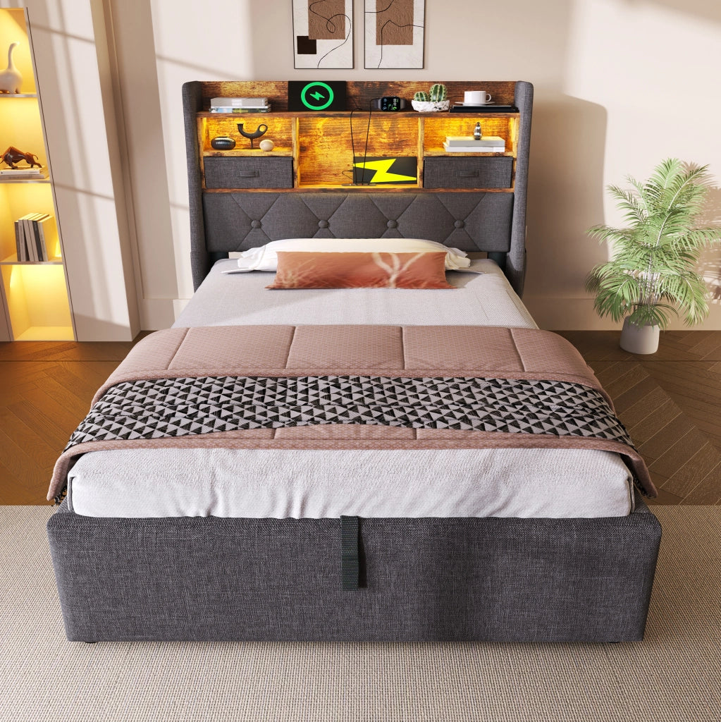 Letto imbottito 90x200 cm in lino grigio con contenitore idraulico; testiera LED e porte USB