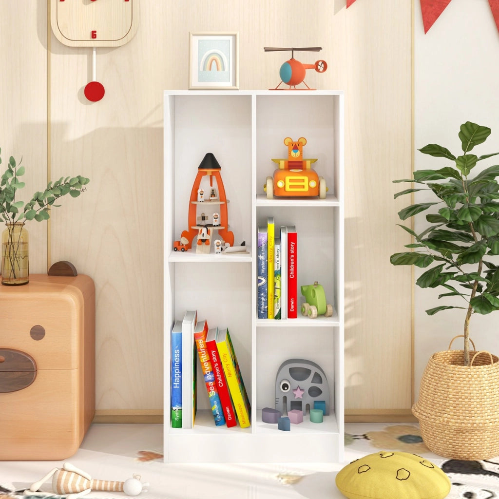 Libreria a 5 cubi con 2 kit antiribaltamento, Organizzatore di stoccaggio autoportante a 3 livelli in legno Bianco-Librerie