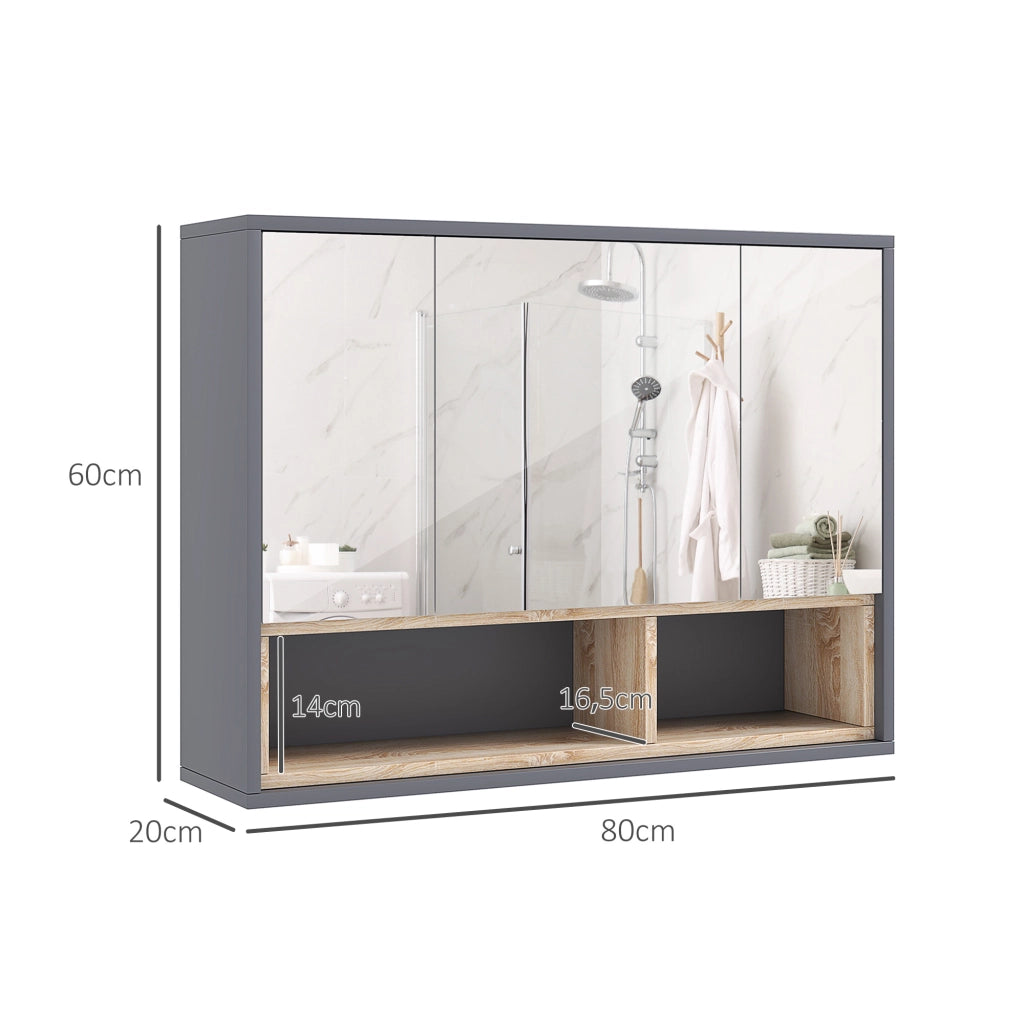 Mobile da Bagno con Specchio e Armadietto ¨C Zephmum ¨C Grigio, Legno Multistrato, 3 Ante, 8 Ripiani