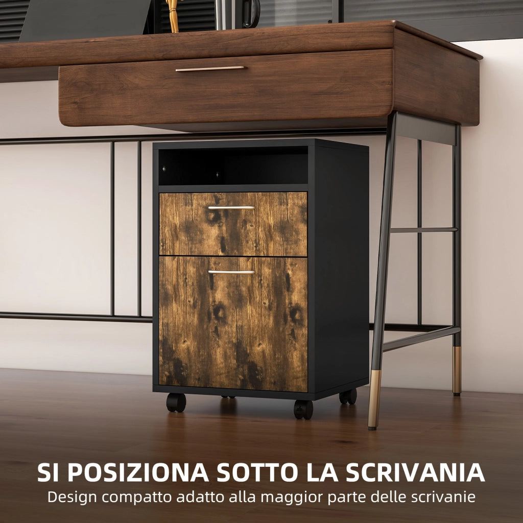 Cassettiera Portadocumenti da Ufficio Ripiano e 2 Cassetti 40x35x60 cm Marrone e Nero