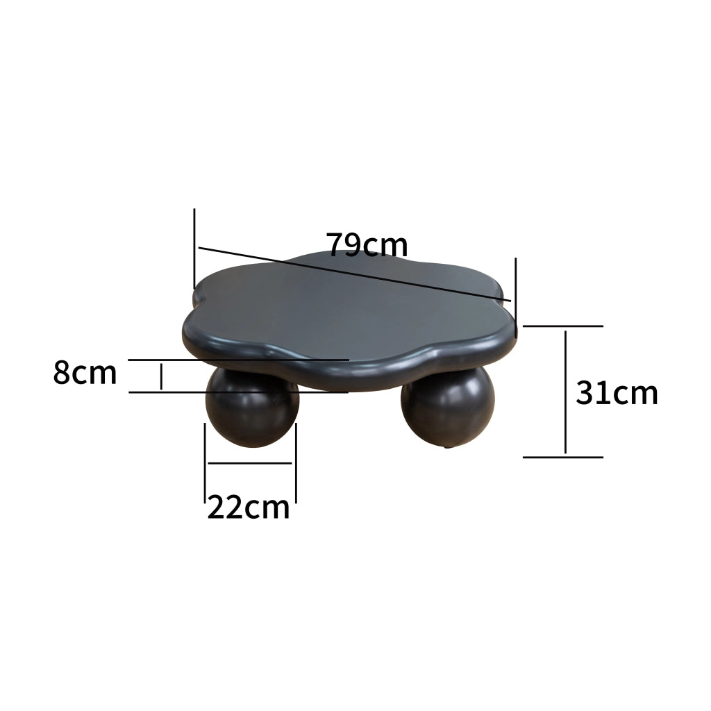 Tavolino basso a nuvola nero opaco in MDF con gambe sferiche per soggiorno e piccoli spazi Ø 80 × 31 cm